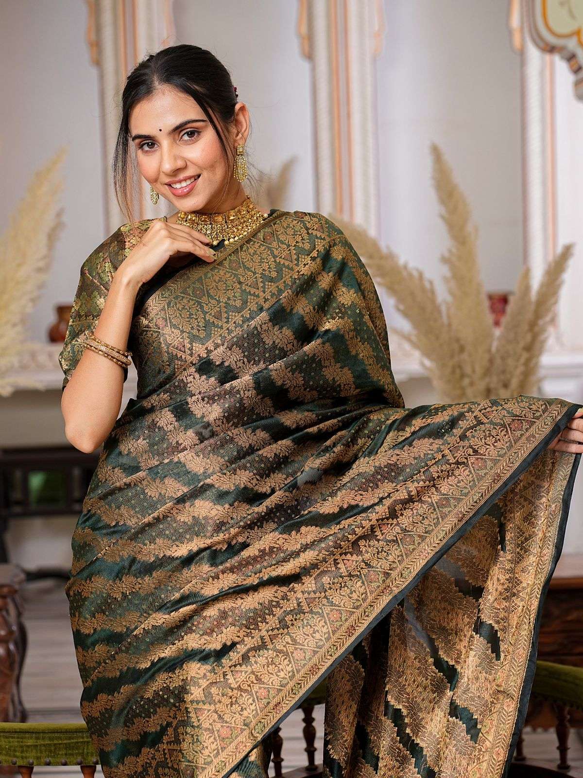 Dark Green Color Pure Organza Saree 